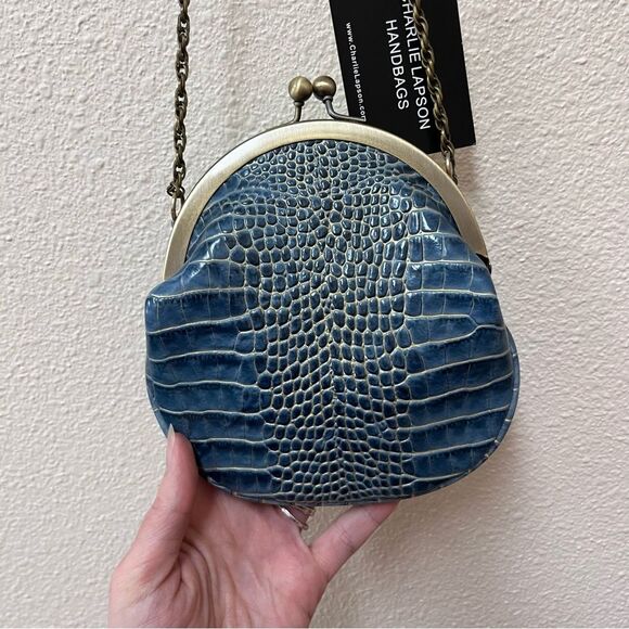Charlie Lapson Kisslock Small Clam Shell Bag Purse Croc Embossed Leather - Picture 6 of 8